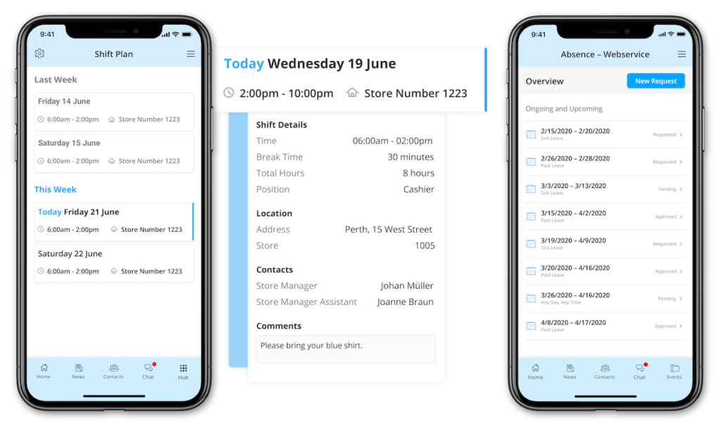 An illustration showing shift- and vacation planning options as two examples of employee self services in an app.