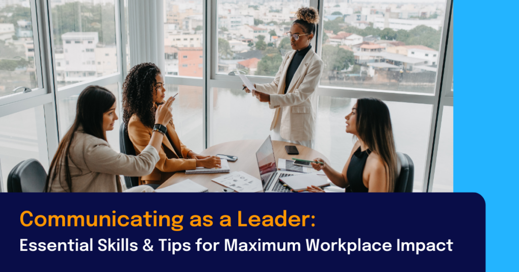 Communicating as a leader image features a woman addressing a room full of professionals in a meeting setting