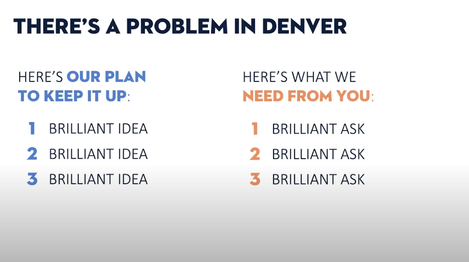 A summary of why there's a problem in Denver, featuring three points under "What we plan to do" and three points under "Here's what we need from you"