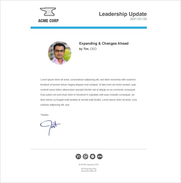 a leadership update template with a personal image and message from a CEO