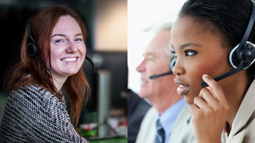 A photo of a Staffbase customer care agent in action, smiling at the camera, is directly beside a stock photo of a customer care agent who looks serious. 