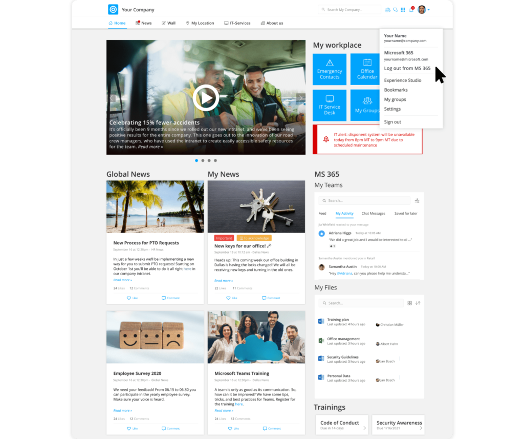 Microsoft Widgets on a startpage in the Staffbase Employee Experience Intranet