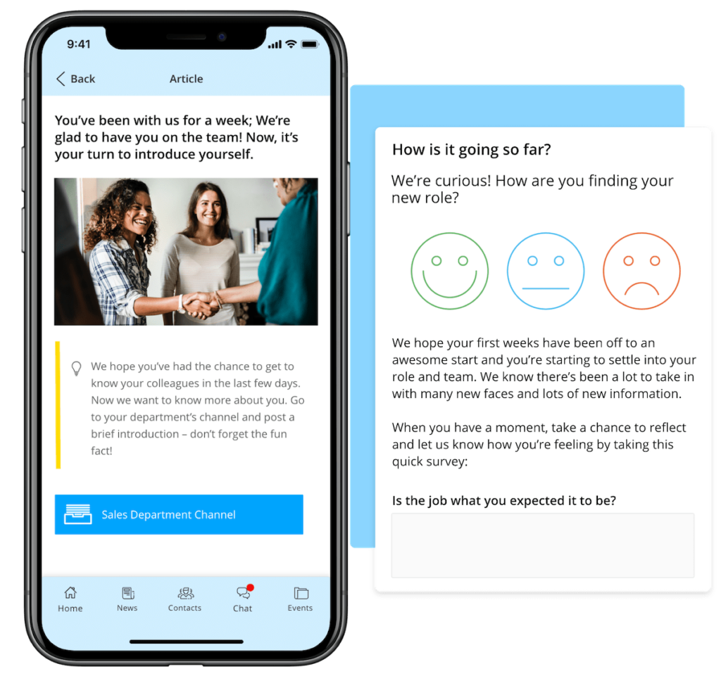 Content in an employee onboarding journey with pulse survey