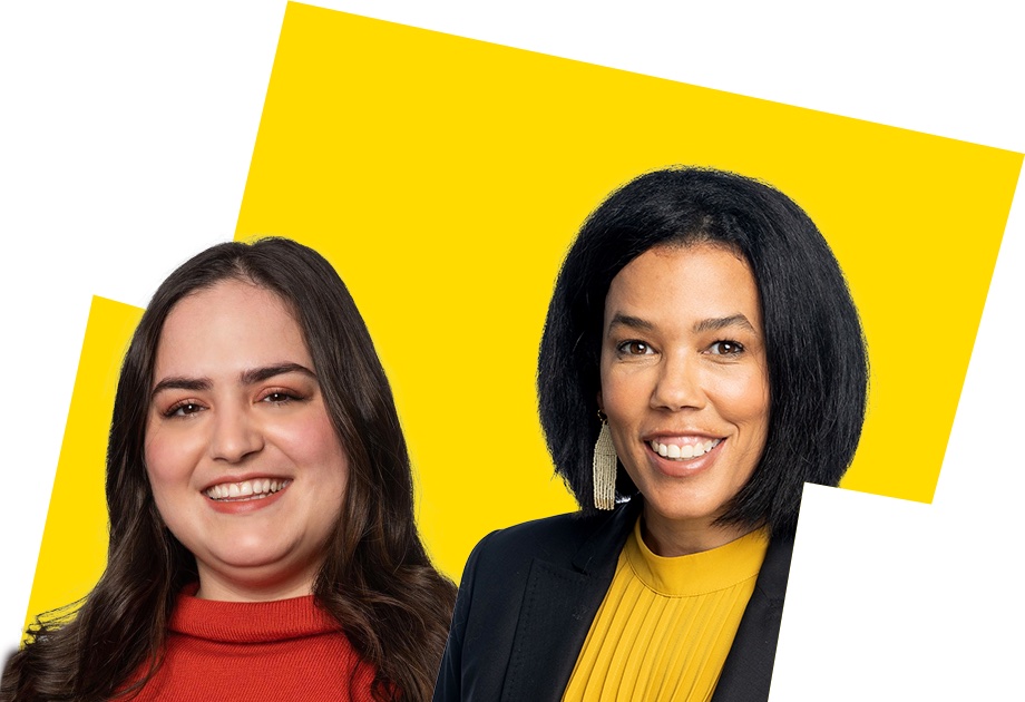 Headshots of Samantha Grandinetti and Phoebe Dey both smiling for the camera with a yellow background behind them. Samantha has long dark hair and a red turtleneck on and Phoebe has short dark hair, long earrings, and a yellow shirt with a black blazer on top.