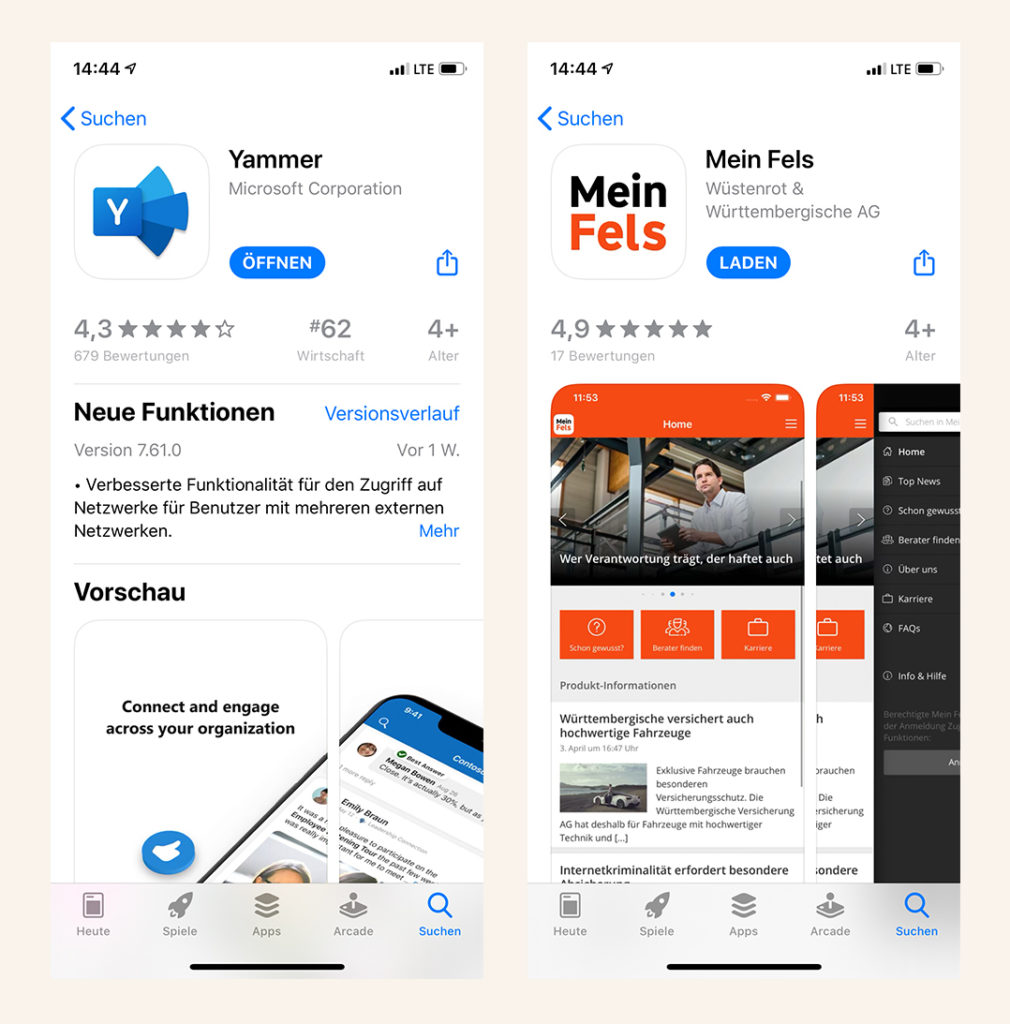 Gebrandete Mitarbeiter-App im Vergleich mit der Yammer App