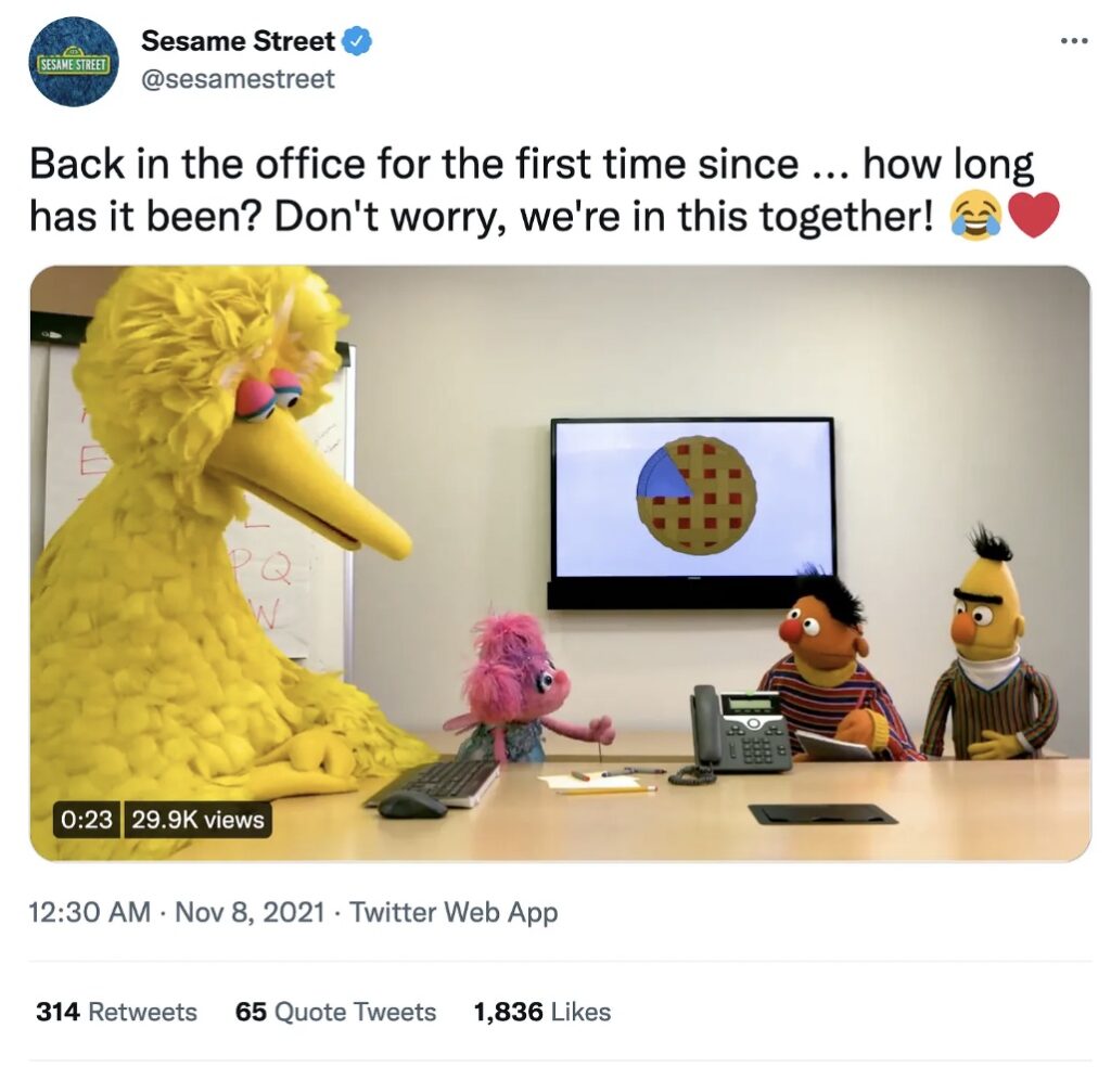 Sesame Street characters sit around a board room table. An image of a pie (the dessert, not a pie chart) is on the screen above them.