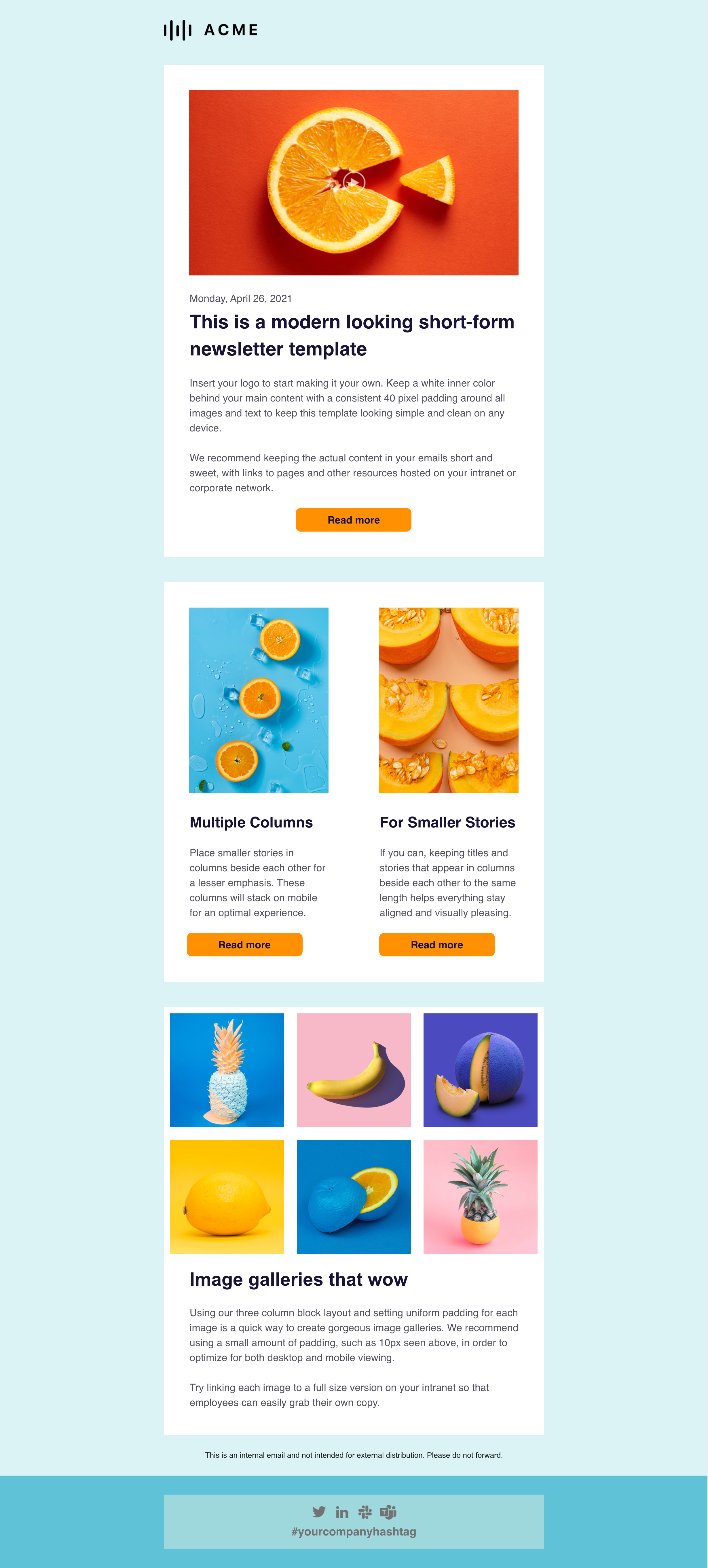 Newsletter template featuring a header image with an orange, text blocks, a button that says "Read More".