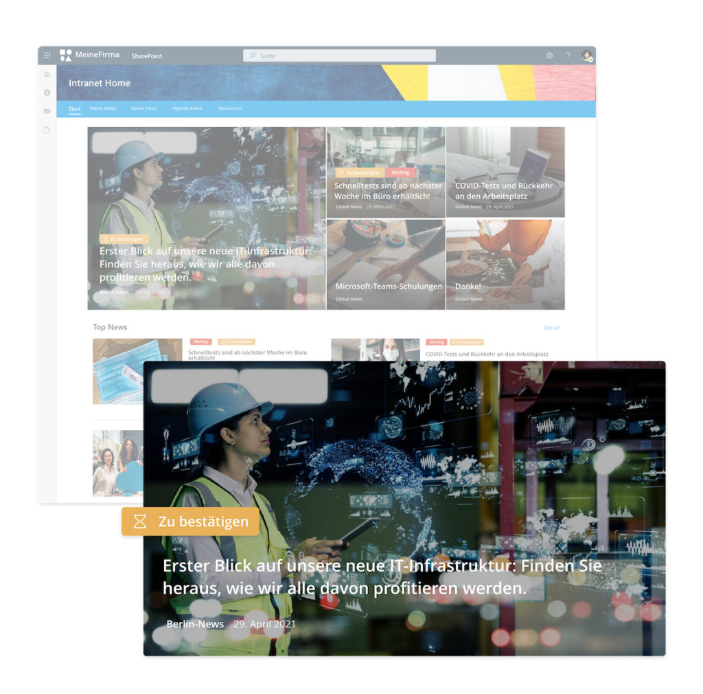 Ein SharePoint-Intranet mit einem hervorgehobenen News-Artikel via Staffbase 365