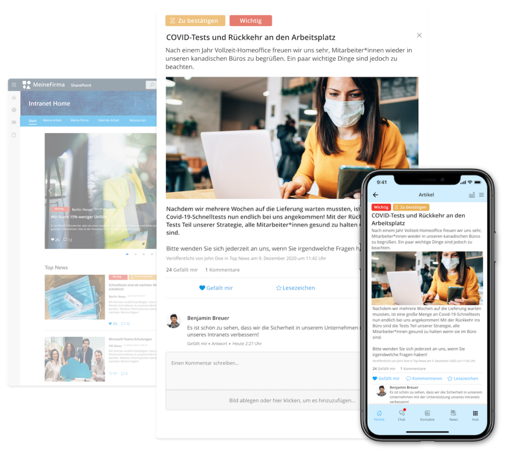 SharePoint-Intranet mit hervorgehobenem News-Artikel, Desktop und mobil