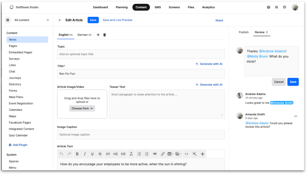 Content production in Staffbase Studio