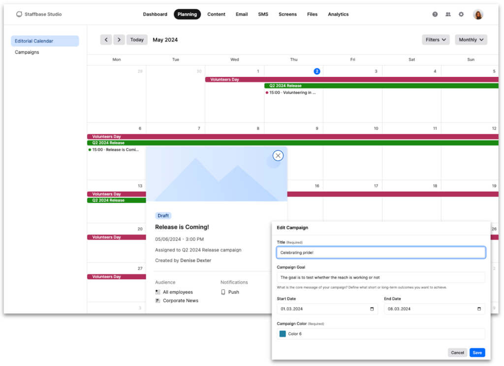 Content calendar in Staffbase