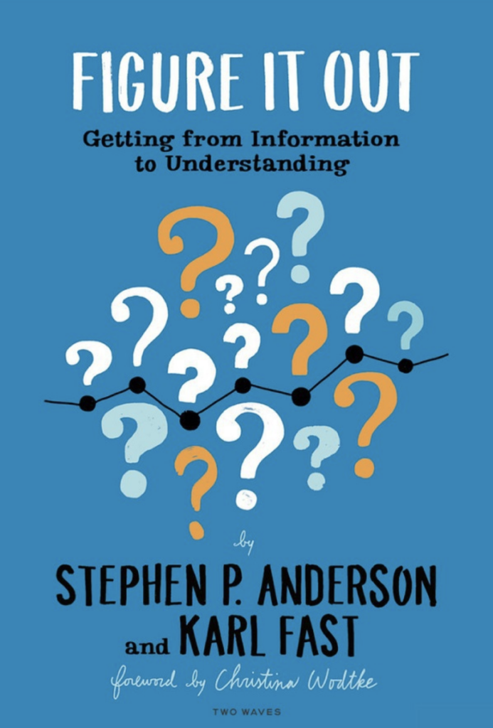 Book cover of Figure It Out: Getting from Information to Understanding. The background of the book about visual communication is blue and there are multiple question marks in the middle that cut through a line graph. 