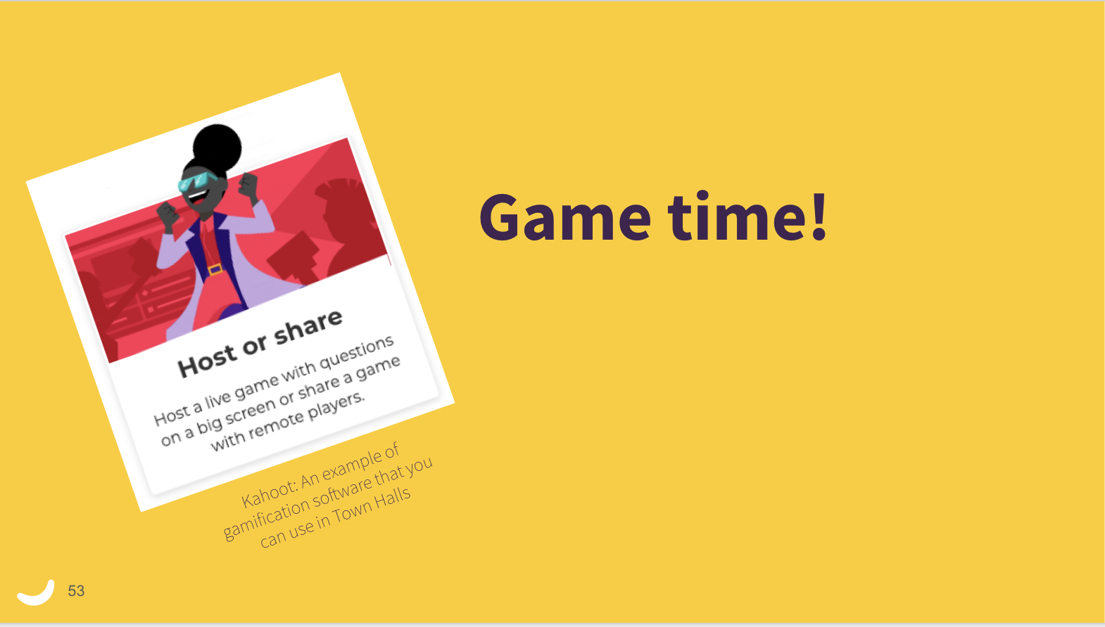 Powerpoint slide that says: 'Game time!' and features a tip to host a live game in your town hall
