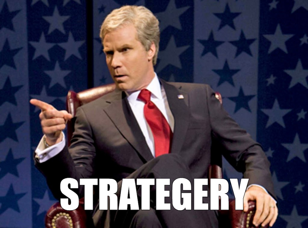 A man wearing a suit points to a camera. The word "strategy" is misspelt at the bottom: "strategery."